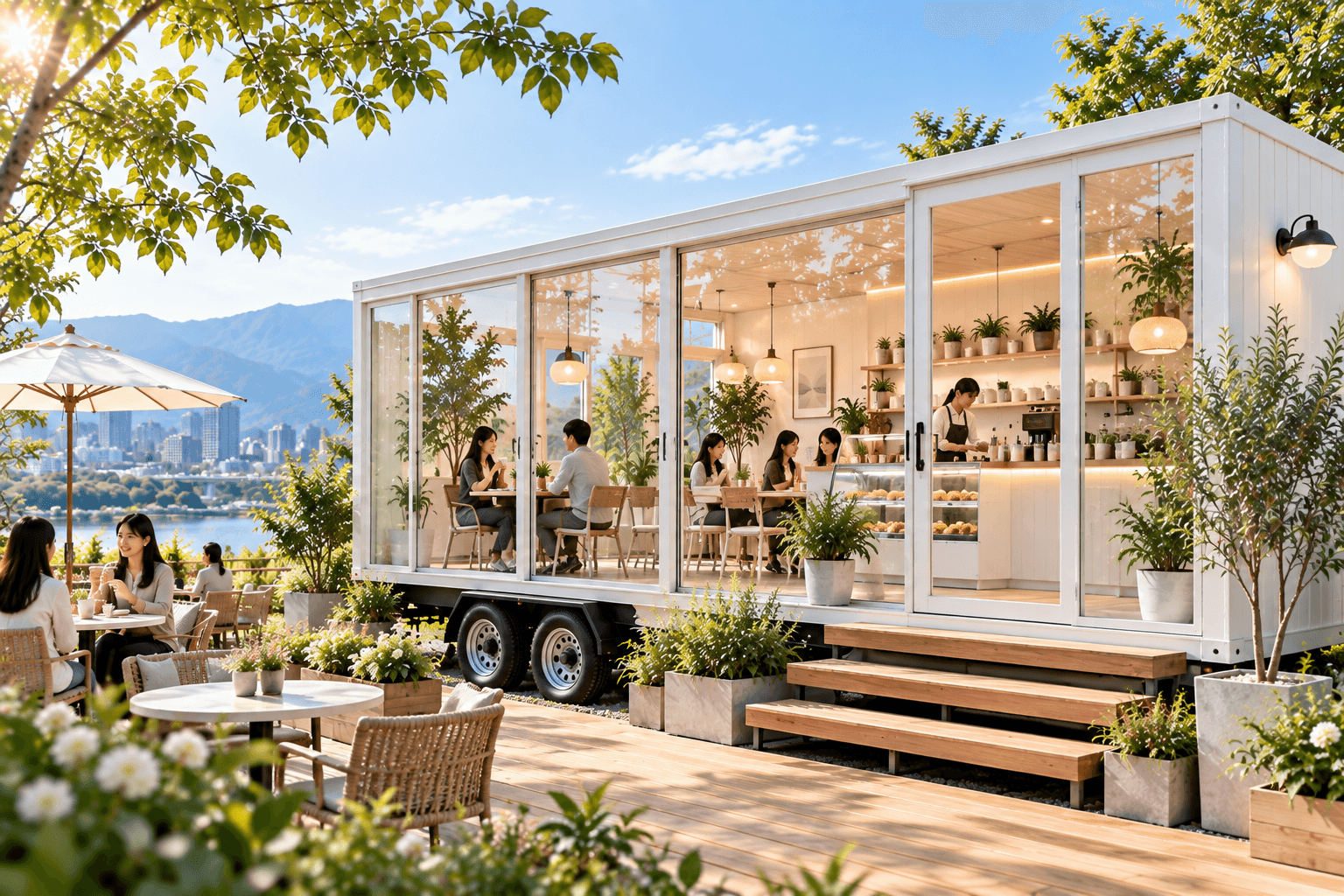 テラスを備えたカフェ店舗用トレーラーハウス